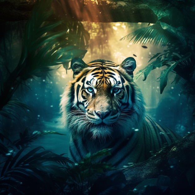tigre na selva com raios de sol e árvores generativo ai