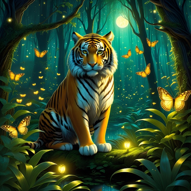 tigre na selva da floresta noturna