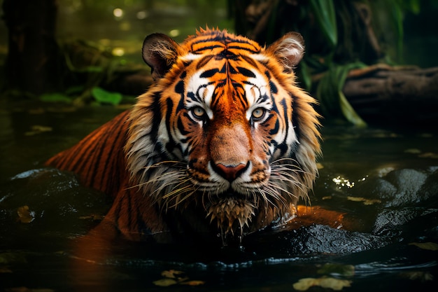 El tigre nada en el río en el bosque generado por la IA