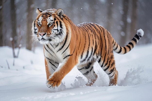 Tigre en la naturaleza salvaje de invierno Tigre de Amur corriendo en la nieve Escena de vida silvestre de acción con animal de peligro Invierno frío en Tajga Rusia