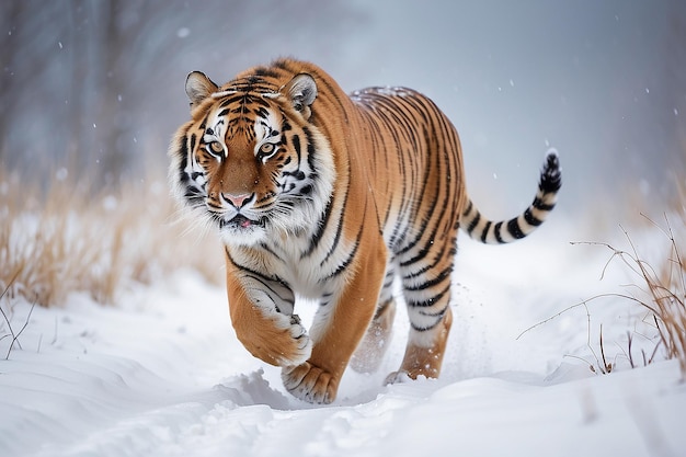 Foto tigre en la naturaleza salvaje de invierno tigre de amur corriendo en la nieve escena de vida silvestre de acción con animal de peligro