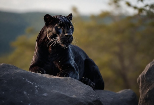 Foto un tigre negro está en una roca grande con árboles en el fondo