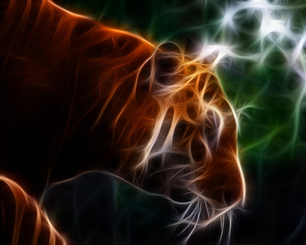 Tigre de neón en estado salvaje, arte lineal, creado en photoshop.
