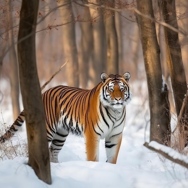 Un tigre en la nieve en el bosque.