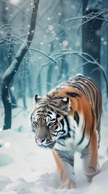 Foto tigre de nieve en el invierno con la nieve