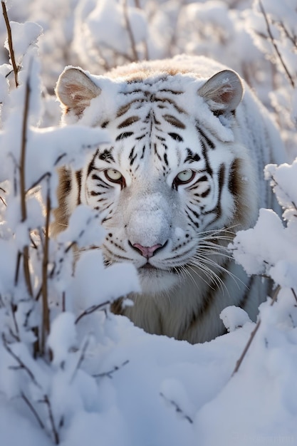 tigre de nieve sale de una tormenta de nieve