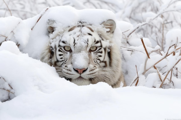 tigre de nieve sale de una tormenta de nieve