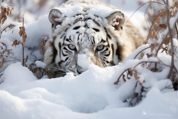 tigre de nieve sale de una tormenta de nieve