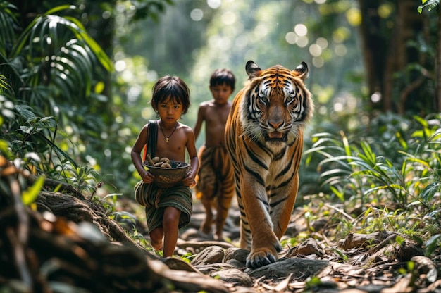 Tigre con niños en la jungla