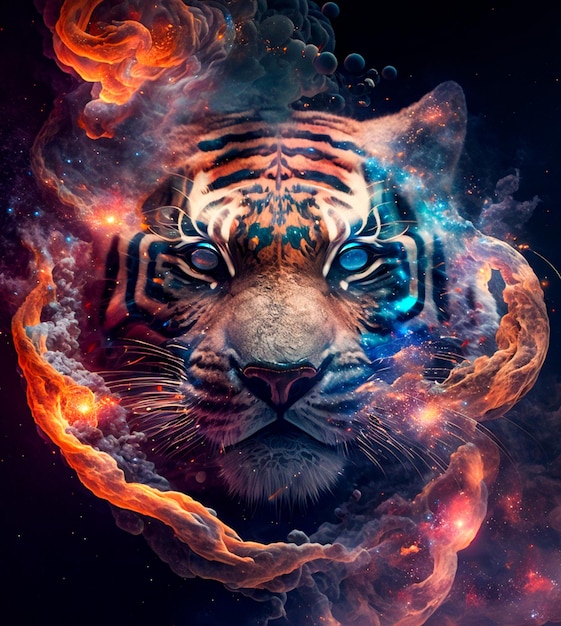 Un tigre con un ojo azul y un fondo negro.