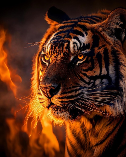 Un tigre con ojos anaranjados está en primer plano y el fondo es un fuego.