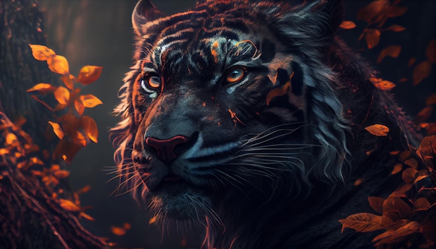 Un tigre con ojos anaranjados y un tigre negro en el fondo.