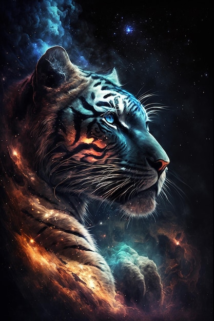 Un tigre con ojos azules está en un fondo de galaxia