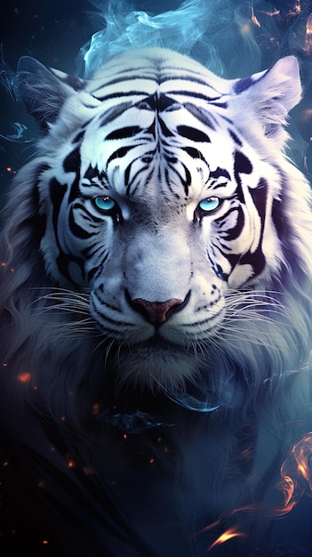 un tigre con ojos azules y fondo negro.