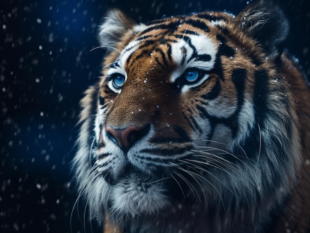 Un tigre con ojos azules mira a lo lejos.