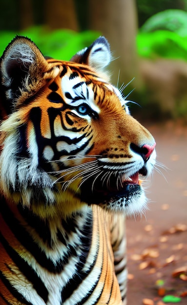 Un tigre con ojos azules mira a lo lejos.