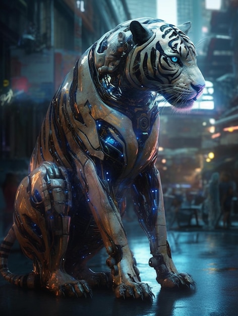 Un tigre con ojos azules se sienta en una ciudad oscura.