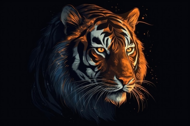 Un tigre con ojos naranjas está sobre un fondo negro.