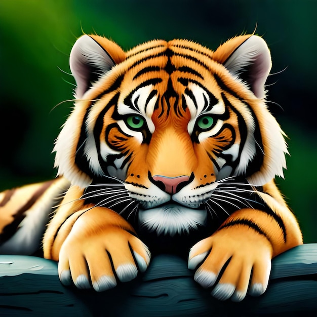 Un tigre con ojos verdes está tendido sobre una cerca de madera.