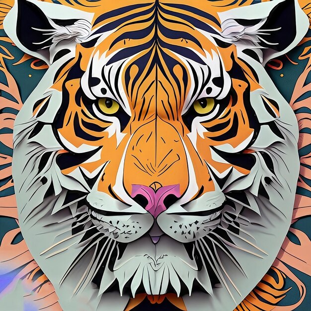 Un tigre con un patrón morado y naranja en la cara.