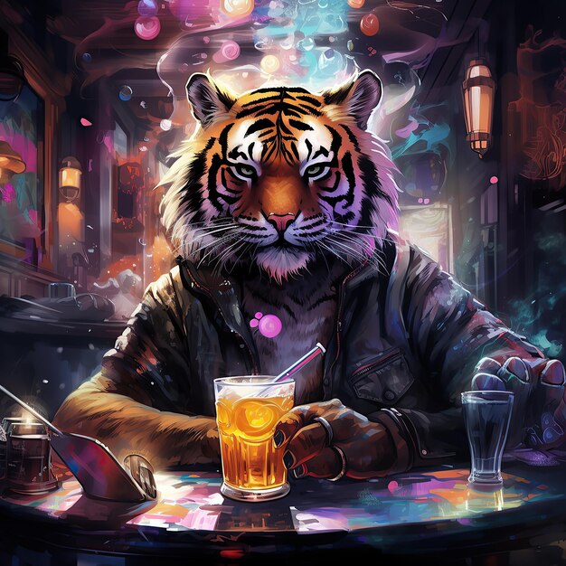 tigre personaje animal antropomórfico disfrutando de una bebida