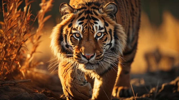 Foto un tigre se prepara para cazar presas en el prado