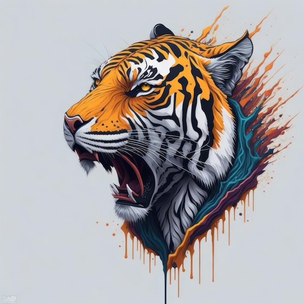 Un tigre con una raya azul en la cara se muestra con pintura naranja.