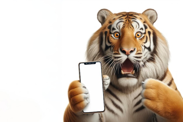 Tigre real chocado segurando um smartphone com uma tela de maquete branca em fundo branco