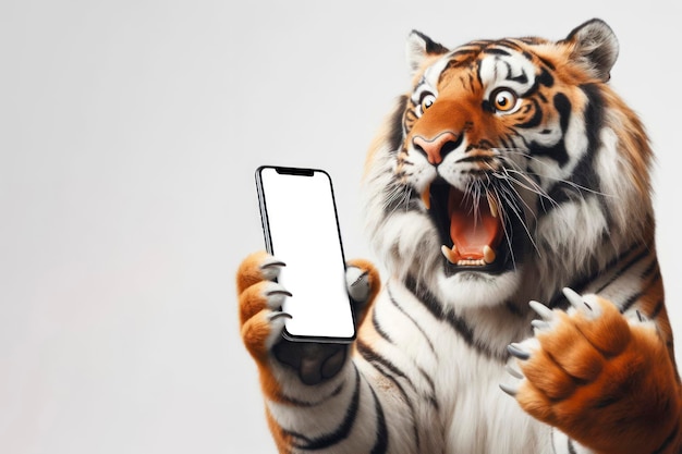 Un tigre real con un teléfono inteligente con una pantalla de maqueta blanca sobre un fondo blanco