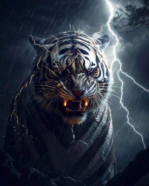 Un tigre con relámpagos de fondo.
