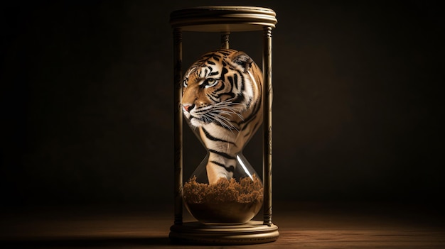 Un tigre en un reloj de arena con la cara de un tigre en la parte inferior.