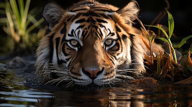 El tigre en reposo descansando junto al pozo de agua