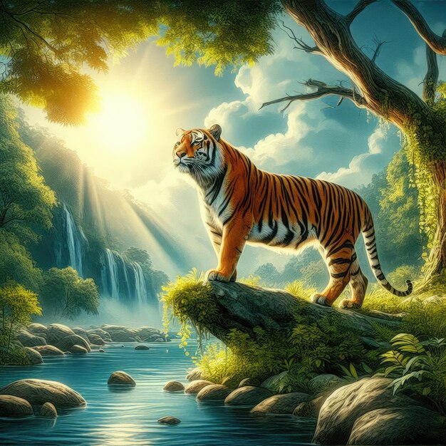tigre en el río de las rocas