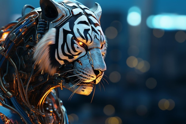 Un tigre robot al estilo cyberpunk.