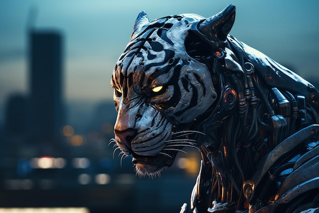 Un tigre robot al estilo cyberpunk.