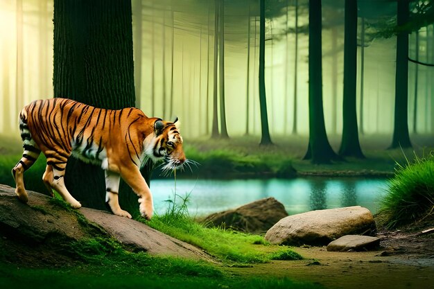 Foto tigre en una roca en el bosque