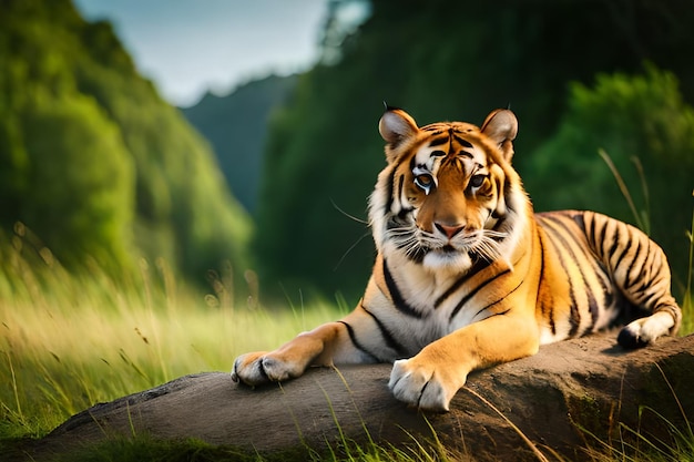 Tigre en una roca en la hierba