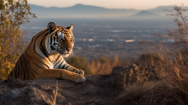 Un tigre en una roca en las montañas.