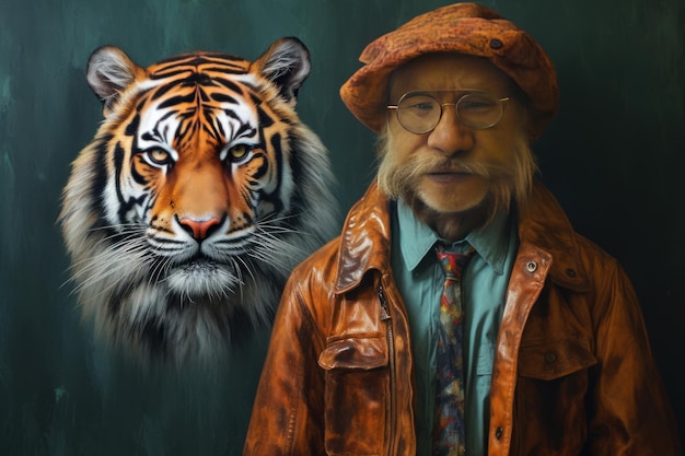Tigre con ropa Hombre con cabeza de tigre Gráfico conceptual en estilo vintage con pintura al óleo suave