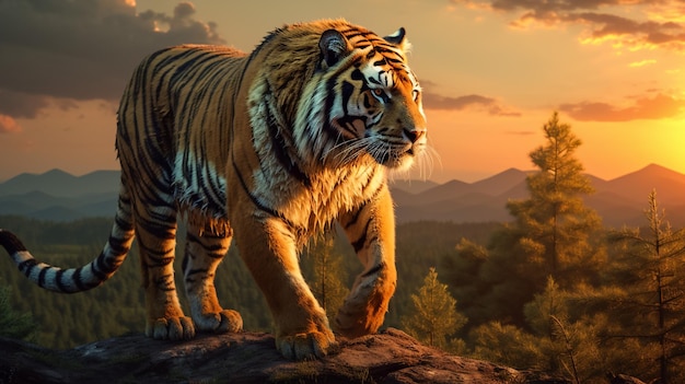 tigre saliendo del bosque al atardecer