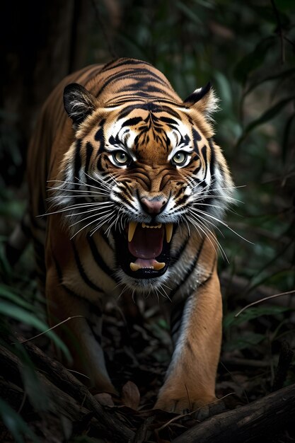 Un tigre en la selva con la boca abierta