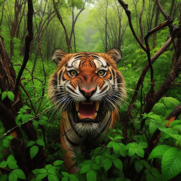 Tigre selvagem entre os arbustos da floresta