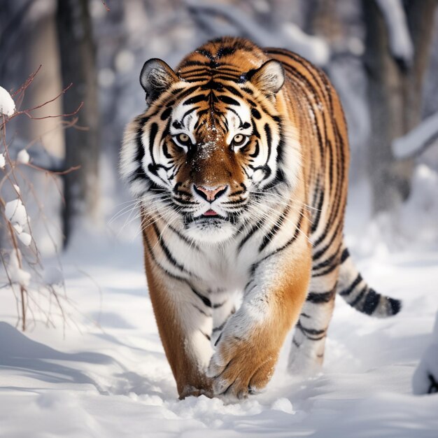 Un tigre siberiano camina por la nieve en el bosque