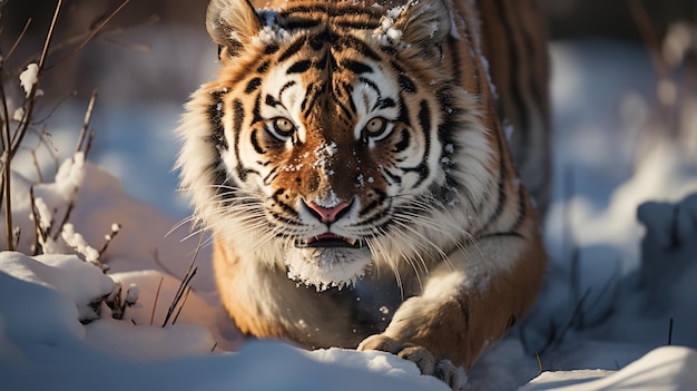 Tigre siberiano correndo na neve cena de vida selvagem de ação com animais perigosos inverno generativo ai