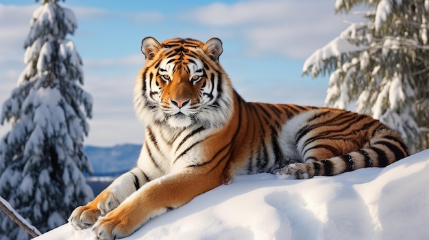 Un tigre siberiano descansando en una roca cubierta de nieve en un paisaje invernal