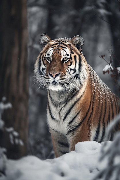 Tigre siberiano majestoso parado em uma floresta coberta de neve, seu pelo grosso fornecendo calor contra