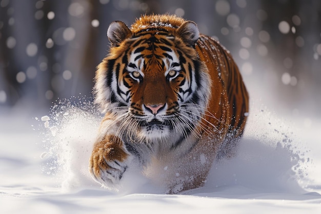 Un tigre siberiano en movimiento con un fondo borroso en la taiga nevada