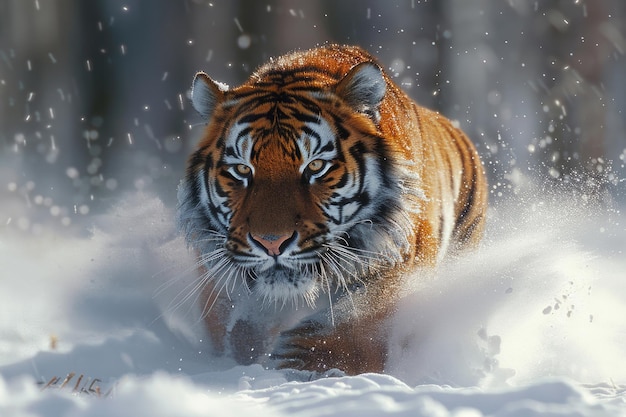 Un tigre siberiano en movimiento con un fondo borroso en la taiga nevada