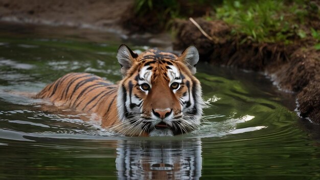 El tigre siberiano panthera tigris altaica nadando en el agua justo delante del fotógrafo