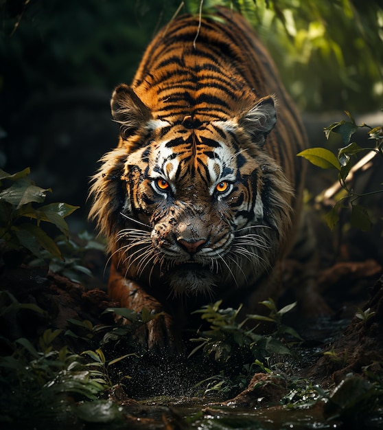 El tigre siberiano de primer plano caminando por el camino a través del bosque oscuro